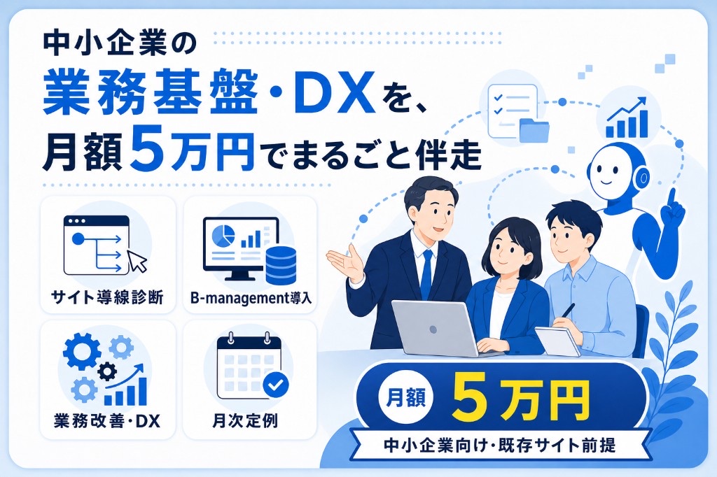 中小企業向けパッケージの商品イメージ（サイト導線診断・B-management導入・業務改善・月次定例）